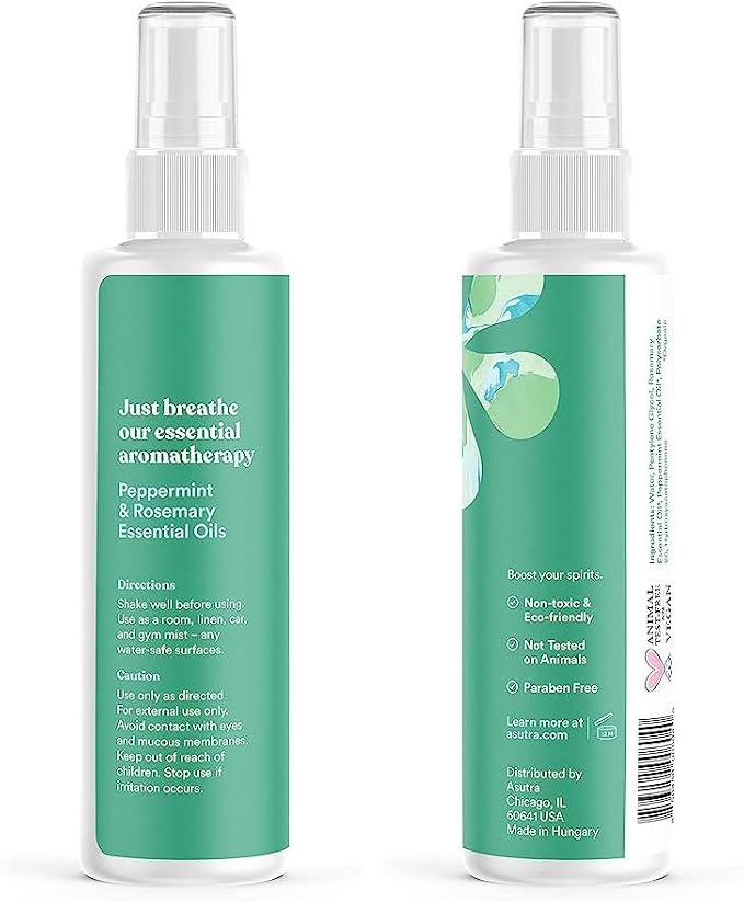 ASUTRA Multi-Use Essential Oil Aromatherapy Spray (Peppermint & Rosemary), 4 fl oz – Mist for Face, Body, Rooms & Linens – Car, Fabric, and Bathroom Freshener