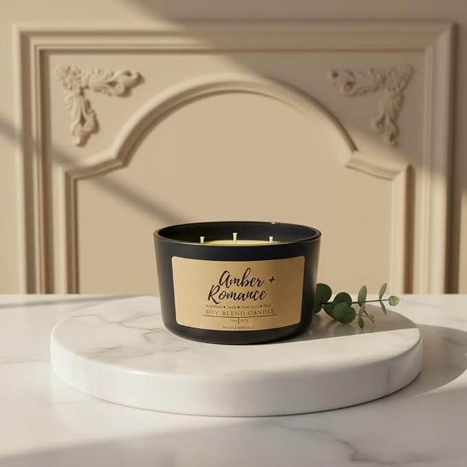 Wicks & Wine Soy Blend 3-Wick Cotton CORE Candle 14oz (Amber Romance)