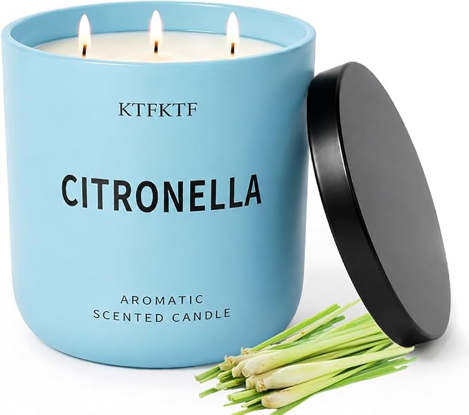 Citronella Candles Outdoor - 14.1oz Large 3 Wick Jar Candle with 80 Hour Burn, Natural Soy Wax, Non-Toxic Outdoor Candle for Patio, Camping, Backyard & Home