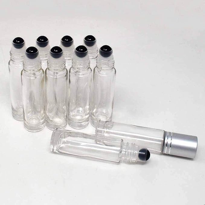 fengshuisale 10pcs Clear 10ml Empty Refillable Glass Bottles with Crystal Semiprecious Stones Essential Oil Gemstone Roller Ball Bottles with Silver Lid with Free Bag W3900 (Obsidians)