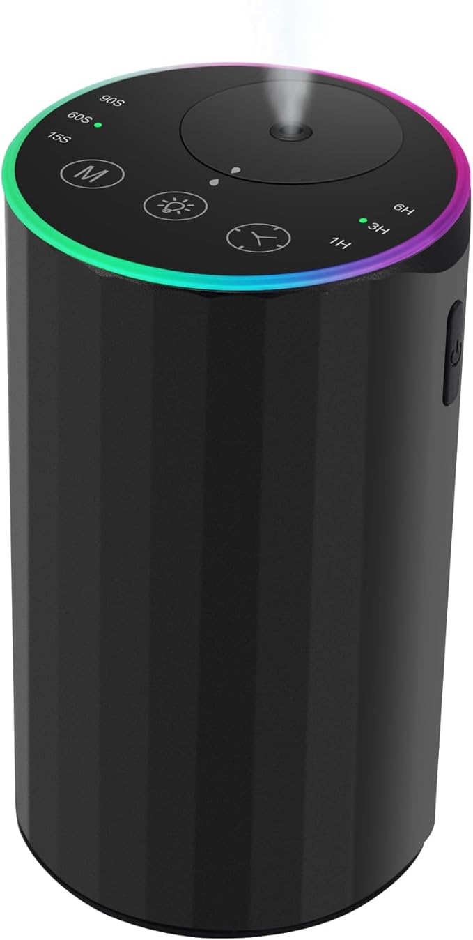 Waterless Essential Oil Diffuser, 7 Colors LED Light, Battery Powered Mini Scent Air Machine, Aromatherapy Mist Diffuser for Home Room Car Office，Black Aluminum Alloy (Black-LED)