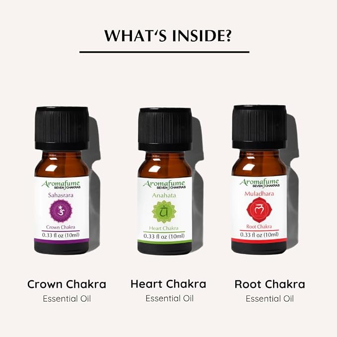 Crown Chakra, Heart Chakra, Root Chakra Essential Oil Diffuser Blends by Aromafume | 3 x 10ml/0.33 fl oz| Aromatherapy Oils for Chakra Balance | Chakra Incense for Meditation, Yoga, Reiki