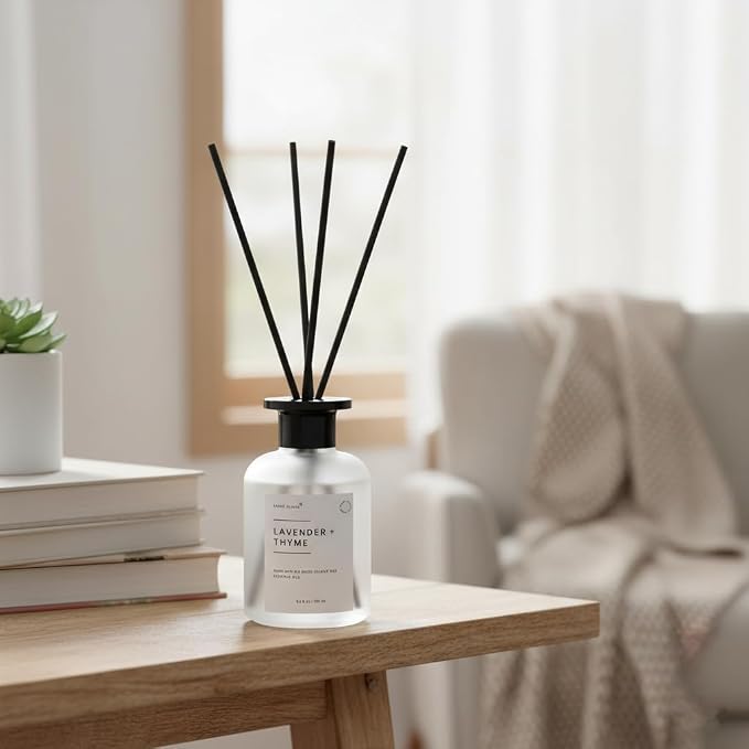 Reed Diffuser Set, Lavender Thyme Scent, 6.7 oz, Home Fragrance with 5 Diffuser Sticks Long Lasting Fragrance (Black)