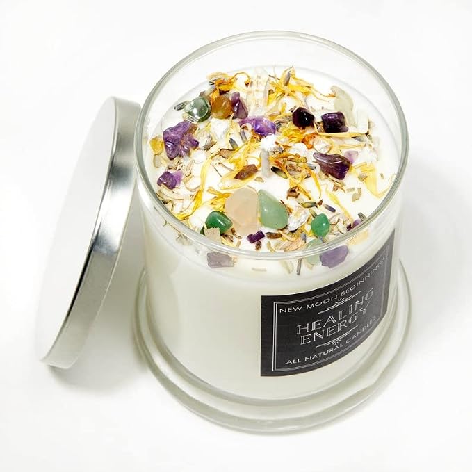 New Moon Beginnings Healing Candle - Negative Energy Cleansing - Soy Aromatherapy - Handmade with Crystals & Herbs - 12oz Glass Jar