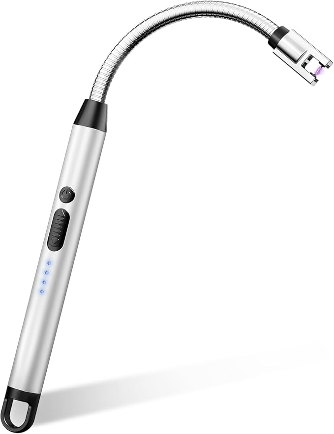 VEHHE Electric Candle Lighter, Plasma Arc Windproof BBQ Lighters with Touch Lock, Electric Lighter USB C Rechargeable with 360° Flexible Neck for Fireworks Camping Festivals (Silver)