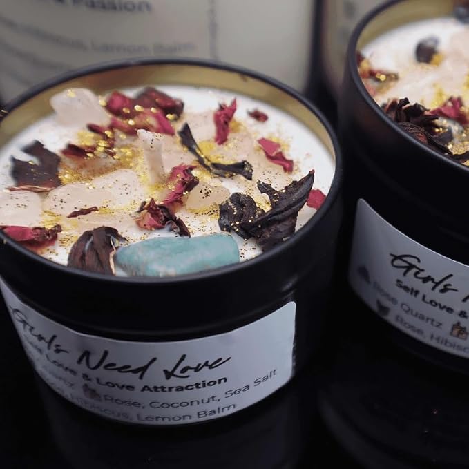BlkGrlMagick Rose Quartz Self Love Manifestation Crystal Candle, Sea Salt and Orchid Scented Amazonite,Rose Petals, Hibiscus, Organic Soy Candles, Handmade, Black Owned Spiritual Gifts (4oz Tin)