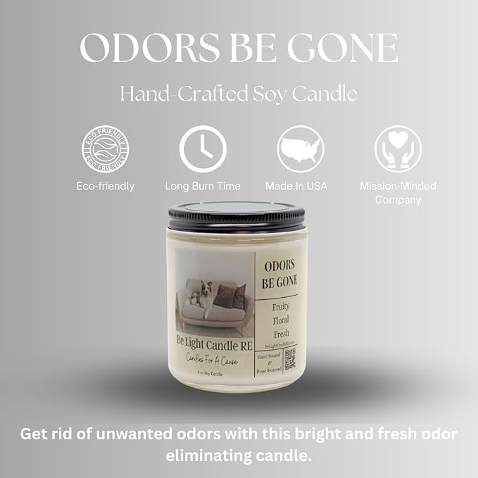 Odor Eliminating Candle Non-Toxic | Purpose-Driven Soy Scented | Fresh Linen Odor | 8oz Long Lasting Candle | Pet Odor Eliminator | Smoke Odor Eliminator (Odors Be Gone)