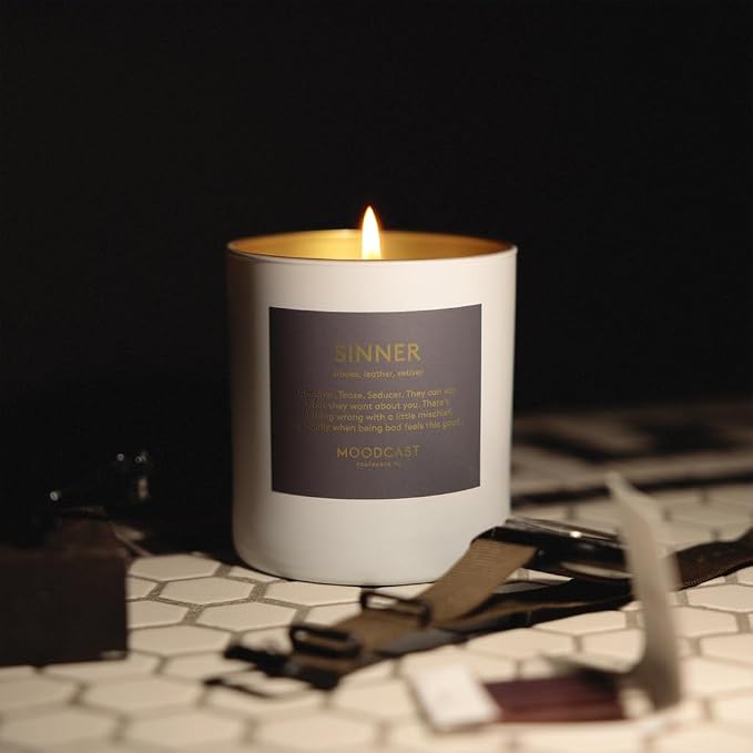 Moodcast Sinner Scented Candle - Aesthetic Candle for Home, Smoke, Leather & Vetiver, Clean Coco Wax Blend, Vegan, Paraben Free, 45-Hour Long Lasting Burn - 8oz