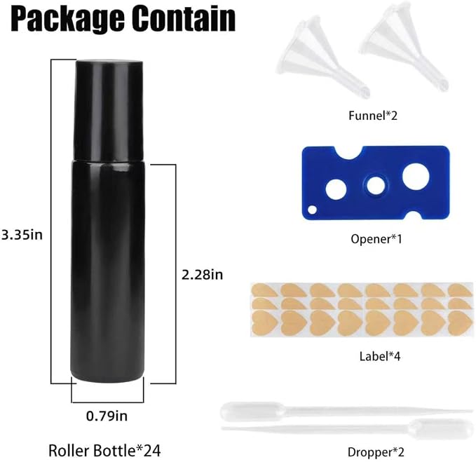 24-Pack 10ml Black Glass Roll-On Bottles with Stainless Steel Rollers, Refillable Roll-On Applicators for Essential Oils, Castor Oil, Aromatherapy, and Empty Deodorant Containers