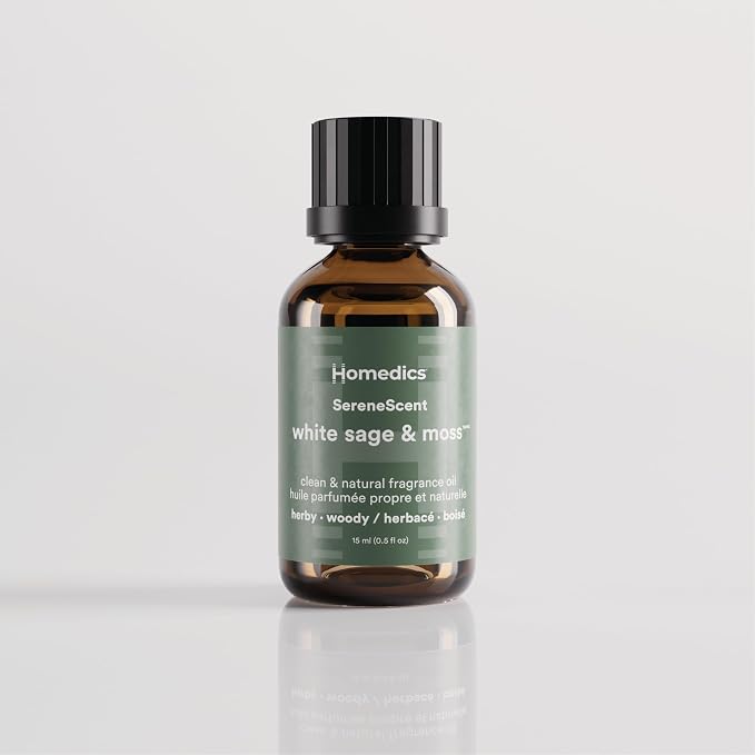 Homedics SereneScent White Sage & Moss Fragrance Oil 15ml | Herbal Woody Blend with Bergamot, Sea Salt & Lavender | USDA Biobased Essential Oil Diffuser Scent | Waterless Cold Air
