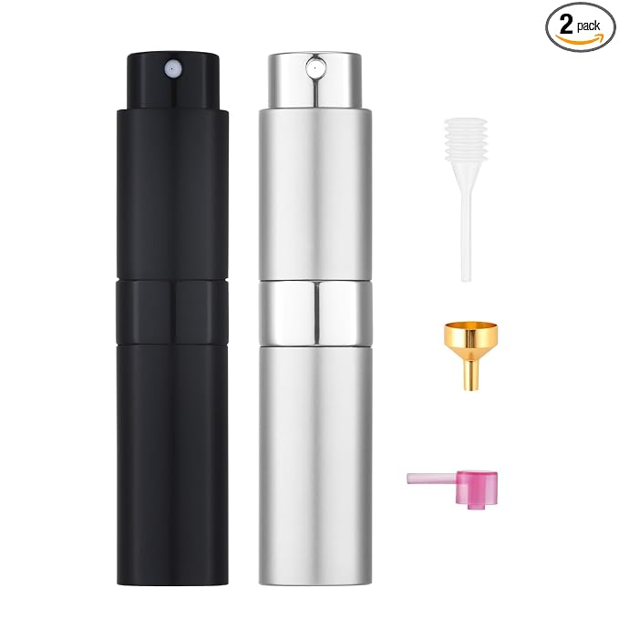 Tekson 8ml Travel Perfume Atomizer Refillable, Mini Cologne Spray Bottle Empty, Small Aftershave Portable Sprayer for Liquid Dispenser (Black&Sliver)