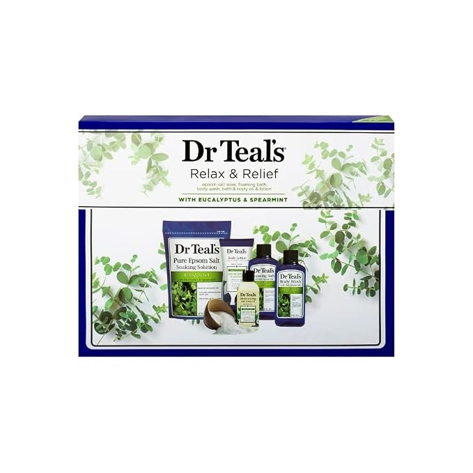 Dr Teal's Eucalyptus & Spearmint Relax & Relief Full Regimen 5-Piece Gift Set (Epsom Salt Soaking Solution, Foaming Bath, Body Wash, Moisturizing Bath & Body Oil, Body Lotion)