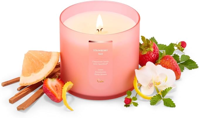 CUE Scented Candle | OpenWick Clean Burning | Soy Coconut Wax Blend | Spring | Summer | Clean Burning | Gift | Extended Burn Time (14oz, Strawberry Silk)