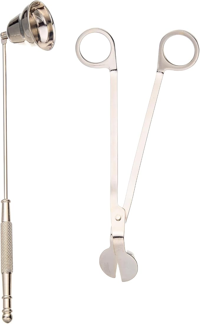 Large Size Candle Wick Trimmer and Candle Snuffer Set with Long Handle,Polished Stainless Steel Wick Scissor Cutter - Flame Extinguisher Horn Cover Design for Candle Lovers Festival