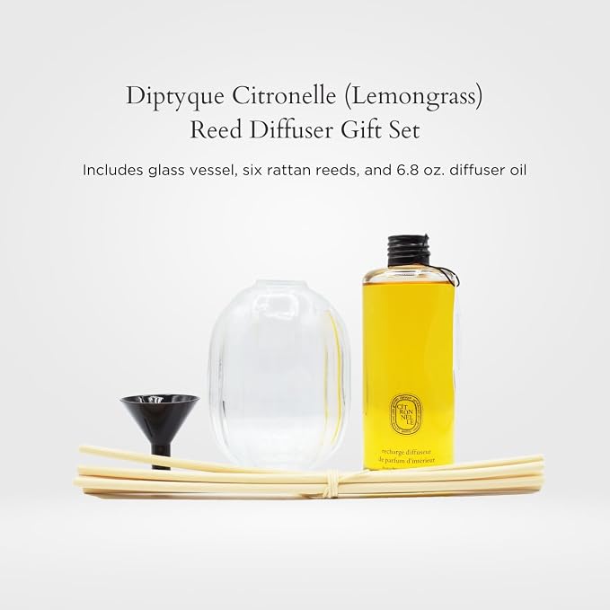 Diptyque Citronelle (Lemongrass) Reed Diffuser Gift Set:: Glass Vessel, Six Rattan Reeds, Diffuser Oil 6.8 oz