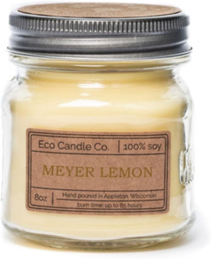 ECO CANDLE CO. Mason Jar Candle, Meyer Lemon, 8 oz. - Scents of Lemon, Bergamot, Orange - 100% Soy Wax, No Lead, Kraft Label & Antiqued Pewter Lid, Hand Made, Midwest Soybeans