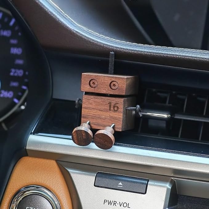 Car Air Diffuser - 2-in-1 Shaking Wooden Man Figurine & Refillable Aroma Vent Clip with 5ml Capacity + 5 Sticks, Walnut Wood Essential Oil Air Freshener Car Dashboard Accessories Decor Gift for Driver