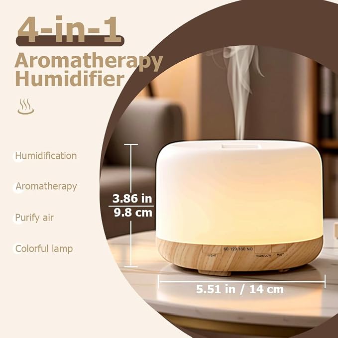 500ml Premium Essential Oil Diffuser,Quiet 4-in-1 Ultrasonic Aromatherapy Humidifier,7 Color LED Lights,with Adjustable Automatic Timer Off Function and Spray Mode. (Yellow Woodgrain,Mini Model)