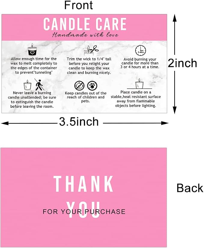 Handmade Candle Care Instruction Card, Card, for Makers Soy Bees Wax Coconut Essential Oils Black with White, 50 Pack 3.5 x 2 inches (Pink)