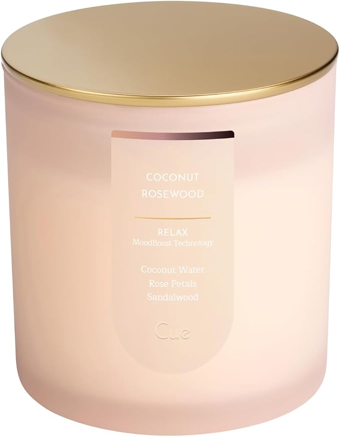 CUE Scented Candle |MoodBoost Essential Oils |OpenWick Clean Burning Candle | Soy Coconut Wax Blend | for Home | Mother's Day Candle Gift |Extended Burn Time (8.5oz, Coconut Rosewood)