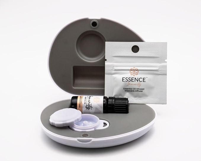 Essence Pearl Travel Case | Immunity Essential Oil | Aromatherapy Nasal Diffuser & Essential Oil Carrying Case | Eucalyptus, Lemon & Peppermint Blend | Travel-Friendly Kit | White Pod