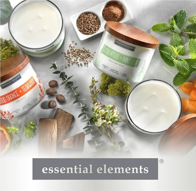 Essential Elements by Candle-lite Scented Candles, Eucalyptus & Mint Leaf Fragrance, One 14.75 oz. Three-Wick Aromatherapy Candle with 45 Hours of Burn Time, Off-White Color