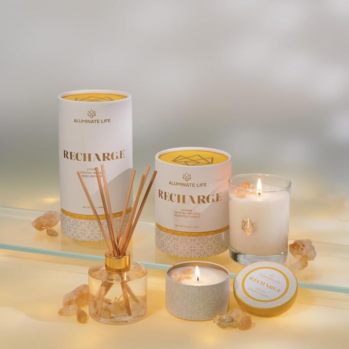 Luxury Candle Tin, 6 OZ, Recharge - Citrine Crystal Infused - Scents of Lemongrass, Geranium, and Basil - Happiness, Manifestation, & Abundance - Coconut Wax, Essential Oils