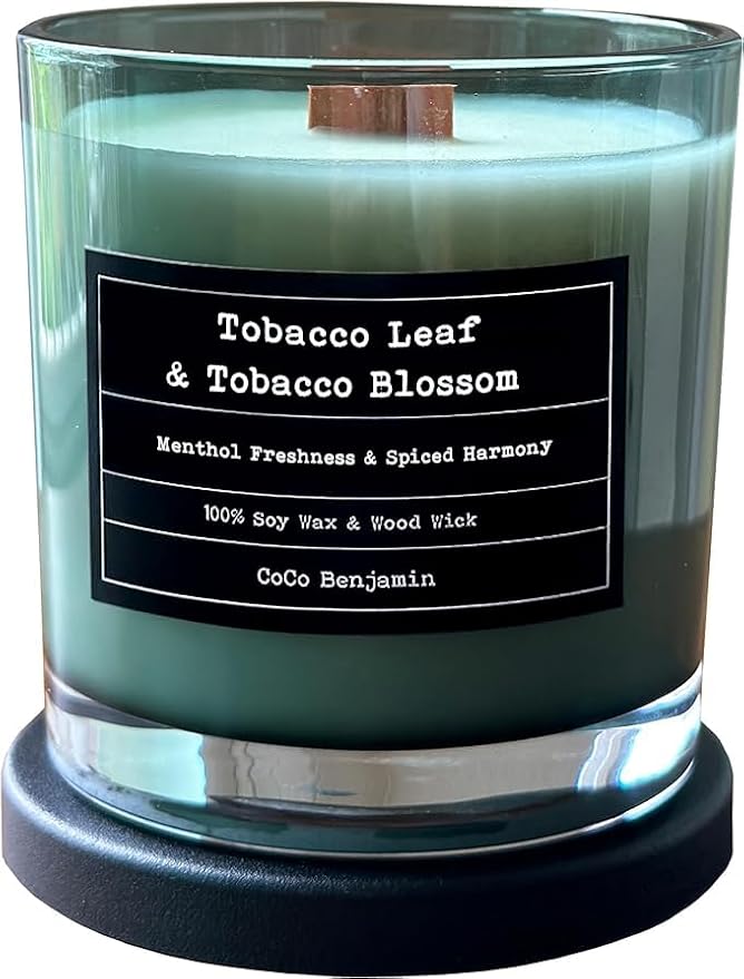 100% Soy, Highly Scented, Hand Poured Soy Candle (Tobacco Leaf & Tobacco Blossom (Wooden Wick))