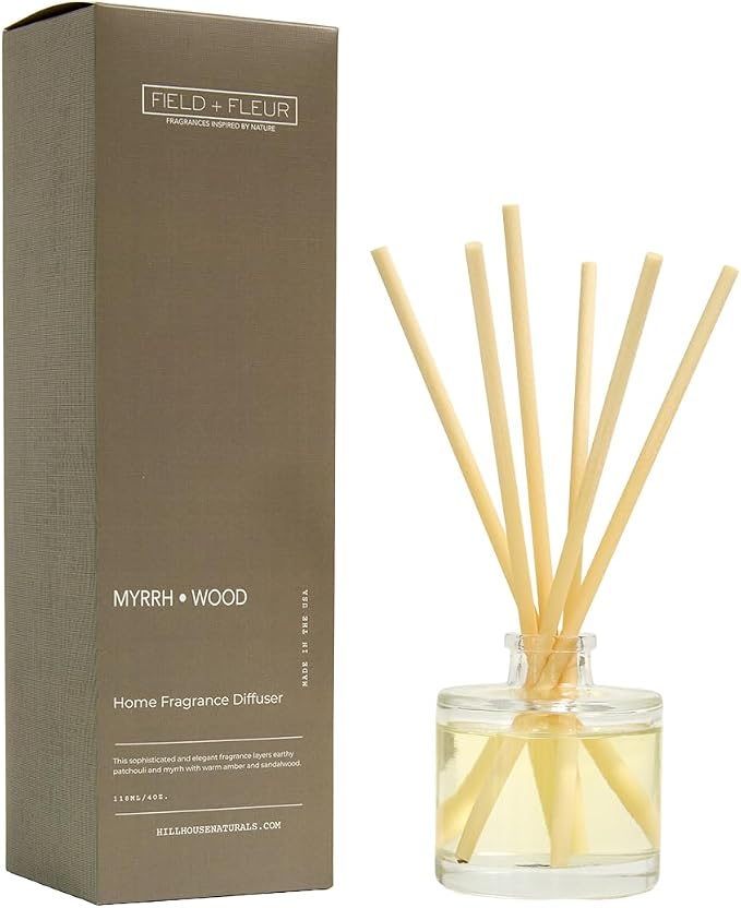 Field + Fleur - Reed Diffuser Set - Home Fragrance Diffuser - Refresh Home, Bedrooms, Bathrooms & More - Notes of Patchouli, Myrrh, Amber & Sandalwood - Made in the USA - Myrrh Wood Scent - 4 oz