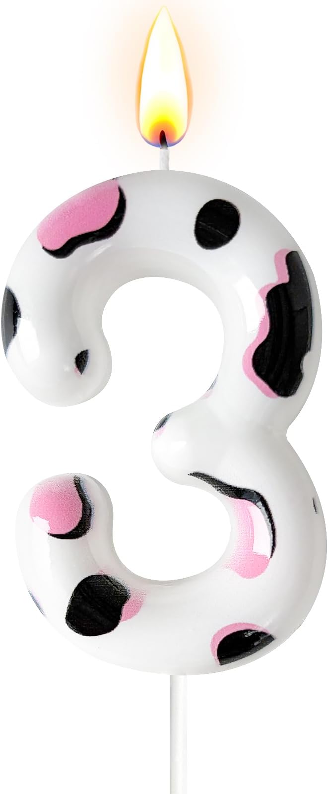 Number 3 Birthday Candle for Cake – Cow Print Design in White Black Pink – Farm Theme & Cowgirl Party Cake Topper Decoration