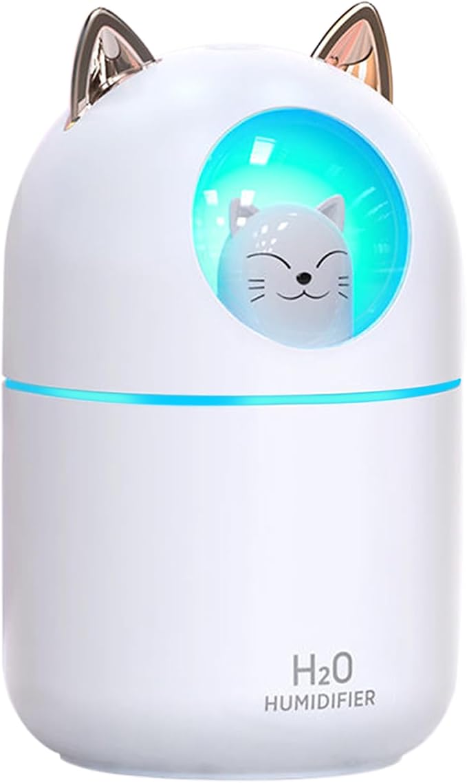Small Humidifier Cute Portable Cool Mist Humidifier 300ML 7 Color Night Light USB Air Humidifier for Bedroom Office Desk Car Plants Travel (White)