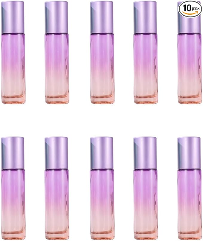 10 Packs 10ml Gradient Color Essential Oil Roller Bottles,Thick Glass Empty Refillable Roll On Bottles with Stainless Steel Roller Balls for Travel,Fragrance,Perfume, Essential Oil (Purple)