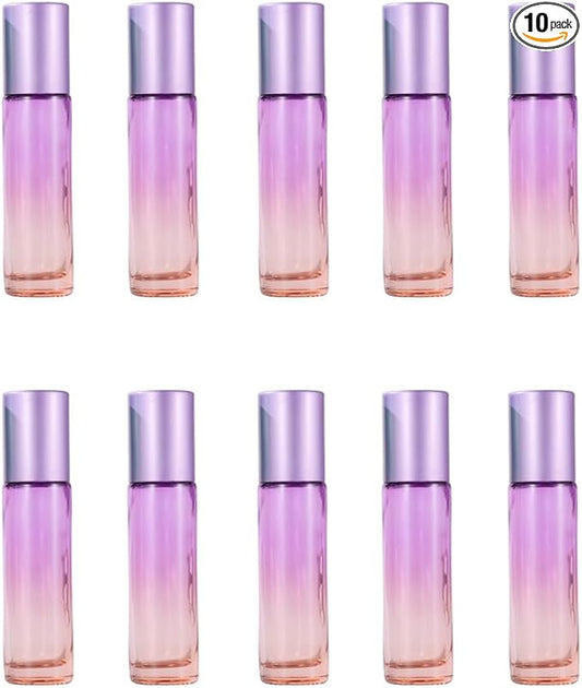 10 Packs 10ml Gradient Color Essential Oil Roller Bottles,Thick Glass Empty Refillable Roll On Bottles with Stainless Steel Roller Balls for Travel,Fragrance,Perfume, Essential Oil (Purple)
