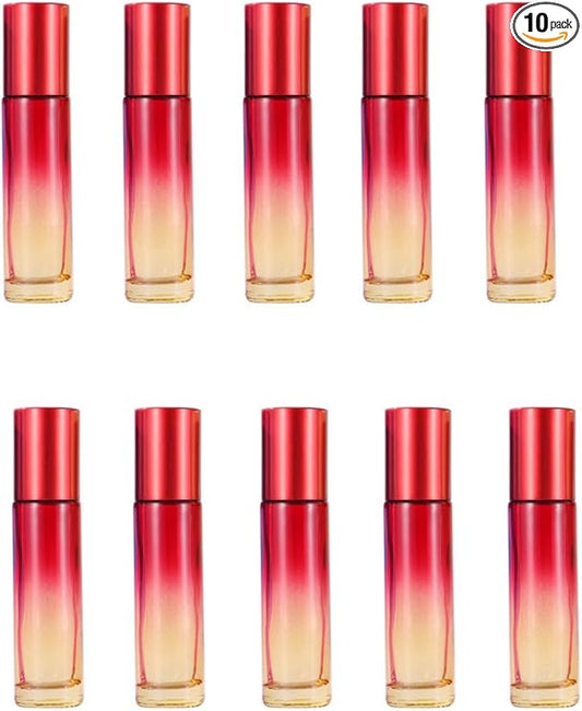 10 Packs 10ml Gradient Color Essential Oil Roller Bottles,Thick Glass Empty Refillable Roll On Bottles with Stainless Steel Roller Balls for Travel,Fragrance,Perfume, Essential Oil (Red)