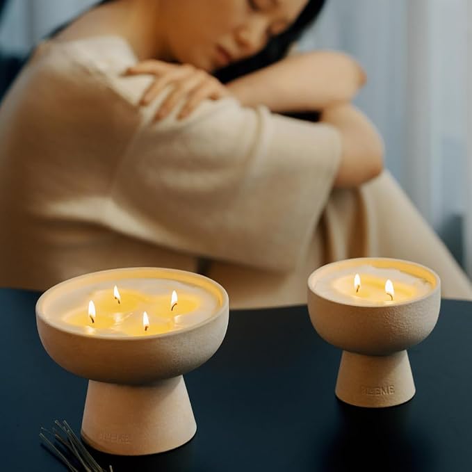 Blueme Sleep Candle | Lavender & Cypress | 4 Wick - Refillable Wellness Candle with Essential Oils, Hand Finished & Poured Soy Wax Blend Ceramic Vessel, Natural Cotton Wicks | Large 24 oz