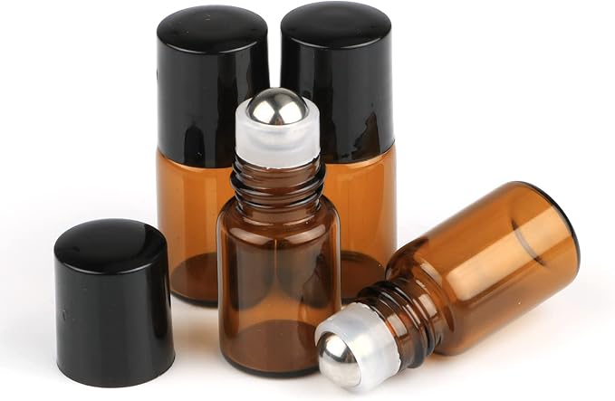 25 Pcs Essential Oil Glass Roller Bottles Mini Tiny Refillable Empty Aromatherapy Perfume Liquid Amber Glass Roll On Bottles Vials Metal Rollerball Bottles Jar (2ml)
