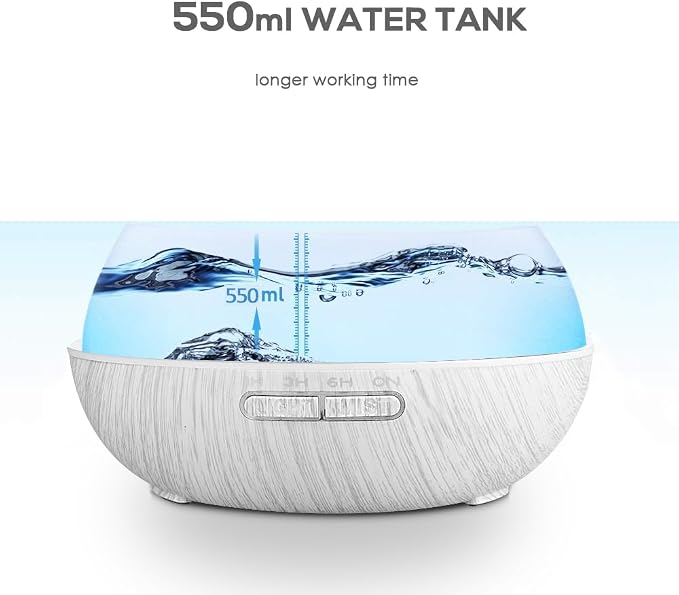 550ml Large Capacity Essential Oil Diffuser 6 Essentil Oil Set Aromatherapy Ultrasonic Air Humidifier with Timer and 7 Color LED Night Light Remote Control Waterless Auto-Off White Wood Grain
