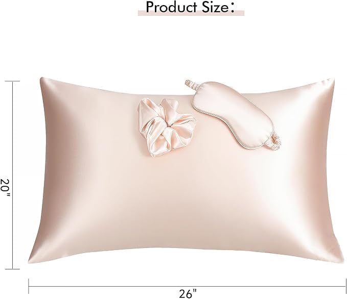Vegan Silk Sleep Set – Satin Pillowcase, Eye Mask & Large Scrunchie for Hair and Skin – Frizz Free Beauty Sleep & Self Care Night Routine – Light Pink