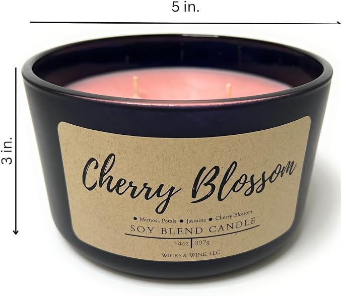 Wicks & Wine Soy Blend 3-Wick Cotton CORE Candle 14oz (Cherry Blossom)