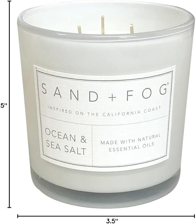 Sand + Fog Scented Candles - Ocean & Sea Salt - Additional Scents and Sizes - 3 Wicks 100% Cotton Lead-Free - Luxury Air Freshening Jar Candles - Perfect Home Decor - 21 oz