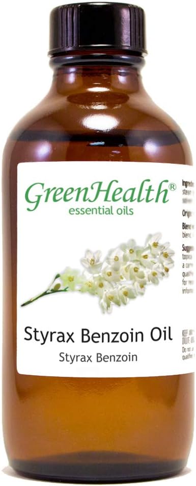 GreenHealth Styrax Benzoin Oil – 100% Pure Aromatherapy Grade – 4 fl oz – Thick Resinous Oil for Diffusers, Candles, Incense, DIY Blends – Amber Glass Bottle
