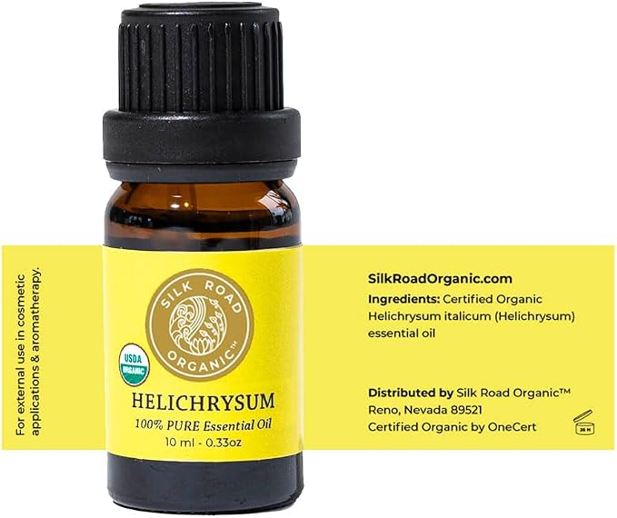 Silk Road Organic Helichrysum Italicum Essential Oil for Skin Care, Wrinkles, Scars, Bruises – 10ml Undiluted Euro Dropper, USDA Certified Immortelle Oil - Always Pure, Always Organic