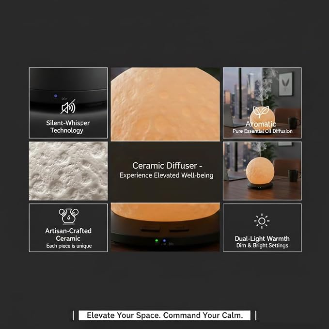 Moonlight Zen 200ml Ceramic Essential Oil Diffuser – Ultrasonic Aromatherapy Moon Lamp with 6H Mist, 3-Timer Settings, Auto-Shutoff & Amber LED Glow – Artisanal Lunar Decor for Home, Office & Spa