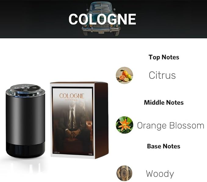 Cologne Car Air Freshener,Aroma Diffuser with Starry Sky Projection,Smart Humidifier with Essential Oil 50ml,Auto On/Off,Built-in Battery,7-LED Color/USB-C Car Fresheners for Auto,Home,Office