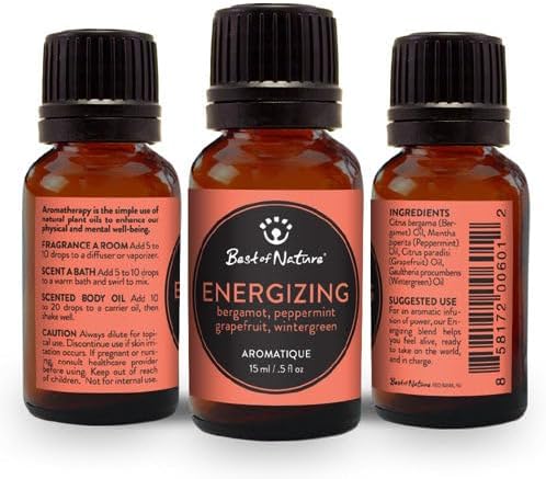 Energizing Essential Oil Blend – Peppermint, Bergamot, Grapefruit & Wintergreen – 100% Pure for Diffuser, Focus, and Daily Boost – Uplifting Aromatherapy