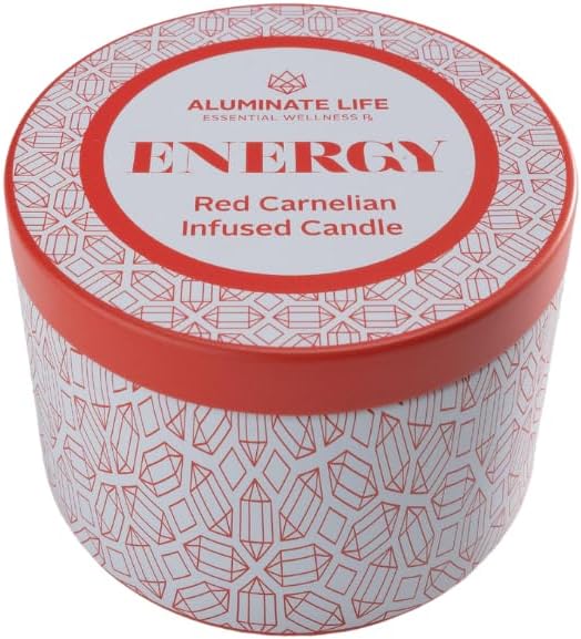 Luxury Candle Tin, 6 OZ, Energy - Red Carnelian Healing Crystal Infused - Scents of Lemon, Grapefruit, & Bergamot - Passion, Confidence, & Vitality - Coconut Wax, Essential Oil