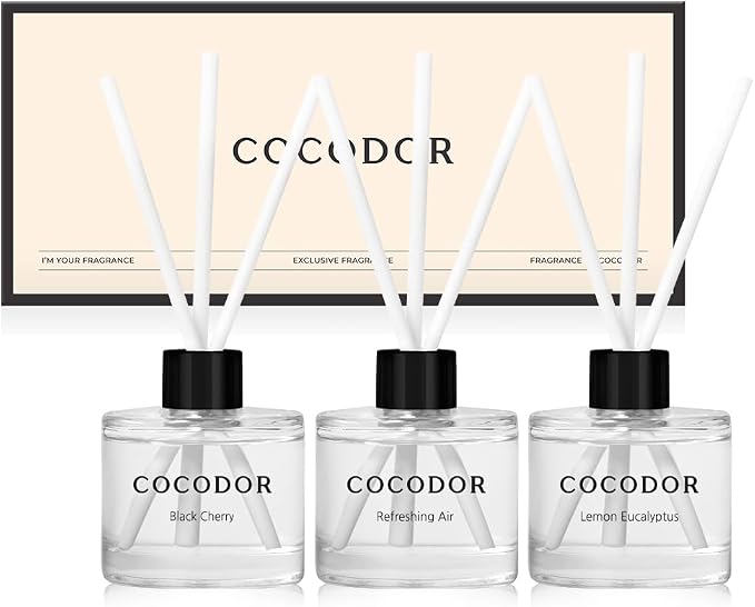COCODOR Signature Collection Reed Diffuser Set of 3/Black Cherry,Refreshing Air,Lemon Eucaliptus/1.6oz Each Pack/Home Fragrance Diffuser, Oil Scent Diffuser for Bathroom Shelf Decor