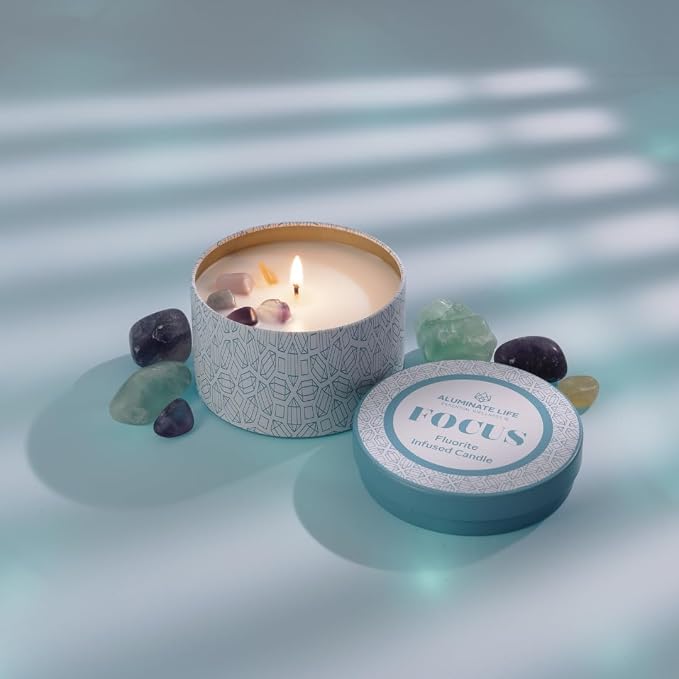 Luxury Candle Tin, 6 OZ, Focus - Fluorite Crystal Infused - Scents of Orange, Ginger, Ylang-ylang, & Lavender - Awareness, Mental Order, & Clarity - Coconut Wax Blend