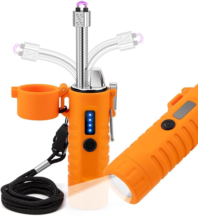 LcFun Electric Lighters Rechargeable Lighters Flexible Neck Dual Arc Electronic Lighter USB C Lighter with LED Battery Indicator and Flashlight for Candle, Camping, Hiking, Outdoor Adventure