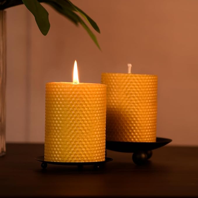 DEYBBY 3×4 in Beeswax Pillar Candle - Handmade Pure Organic Beeswax Honeycomb Rolled Candle for Home Study Decor Housewarming GFT